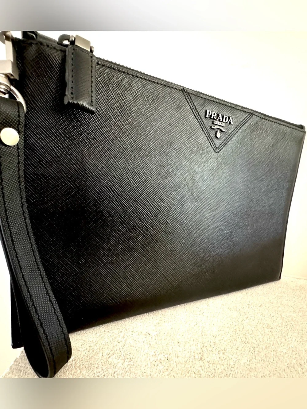 PRADA Black Saffiano Leather Wristlet Clutch Document Pouch Unisex